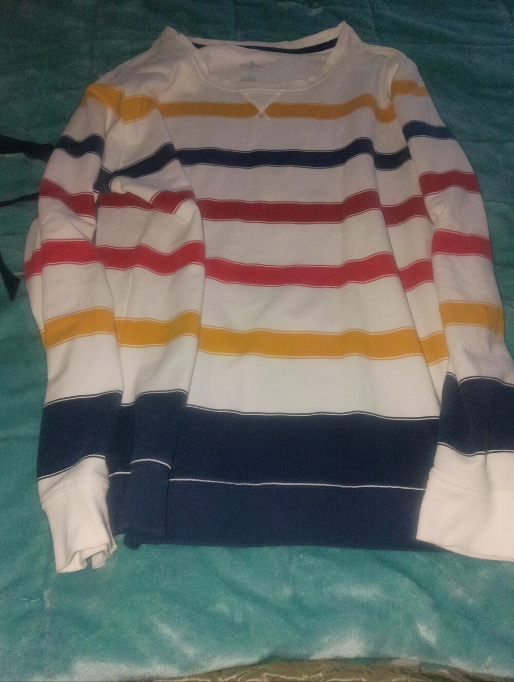 Women's White Striped Crewneck Sweater with Navy, Red and Yellow Stripes